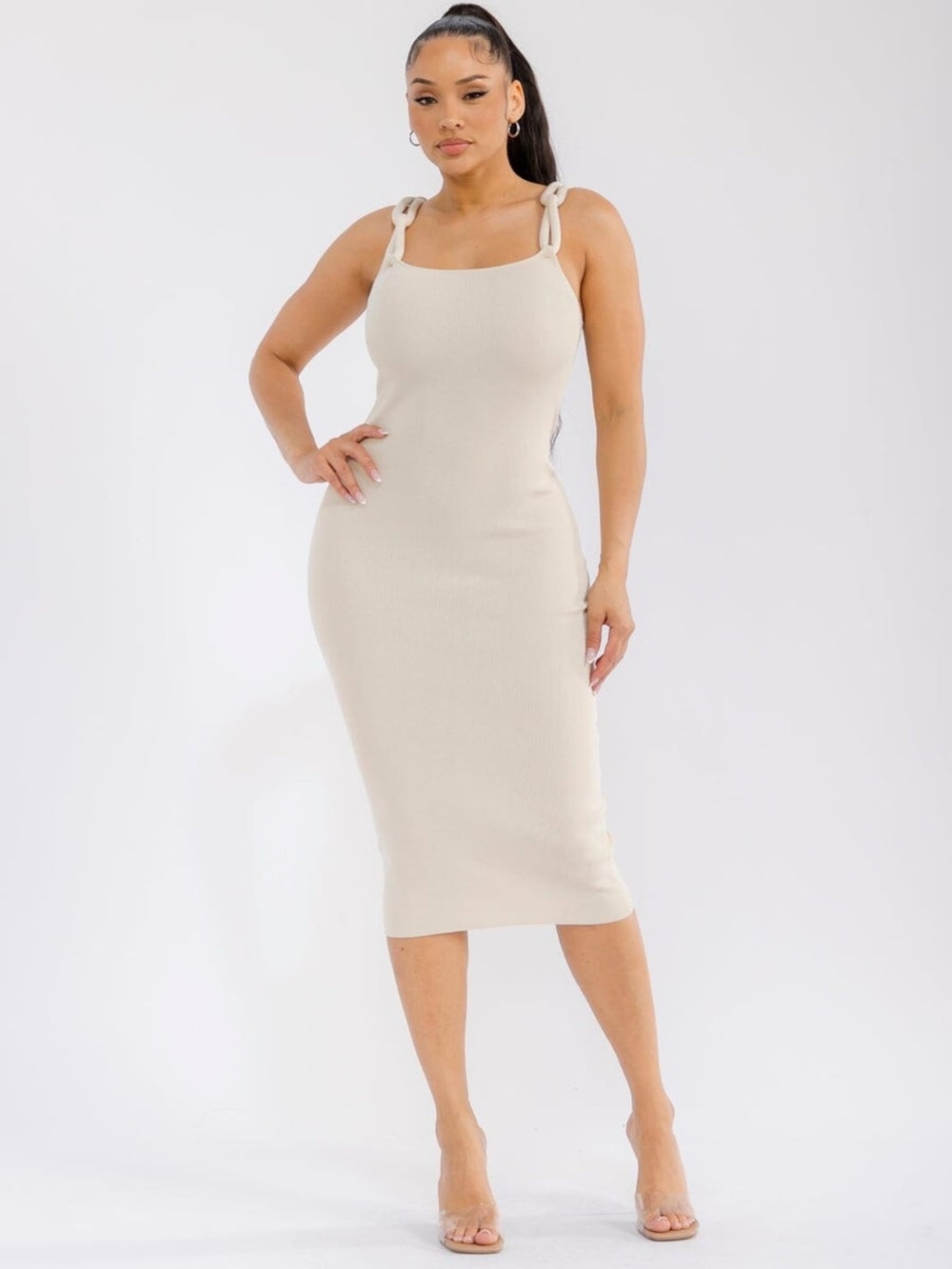 Tie-Shoulder Ribbed Midi Dress in Cream